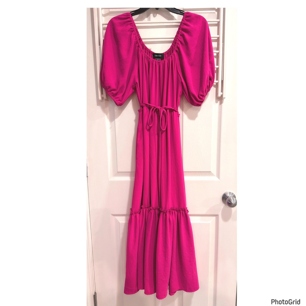 Karen Kane Fuchsia Pink Tiered Maxi Peasant Dress Boho Barbiecore Xsmall